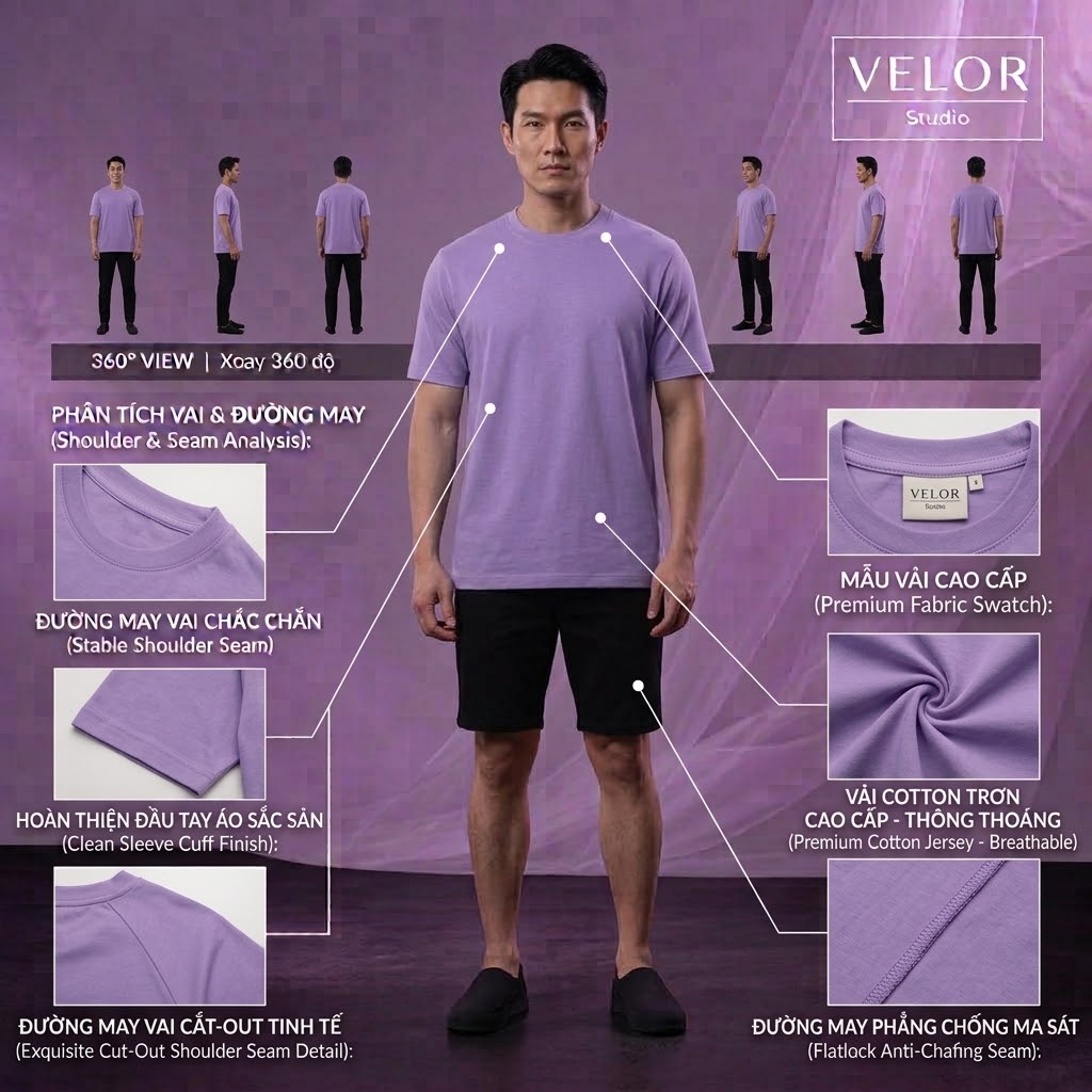 Áo thun nam Season 1 màu tím lilac với phân tích phom và đường may