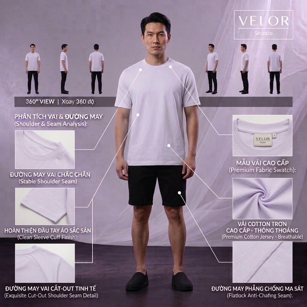 Áo thun nam Season 1 màu tím ngọc trai với phân tích phom và đường may