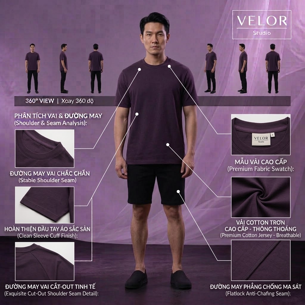 Áo thun nam Season 1 màu tím mận với phân tích phom và đường may